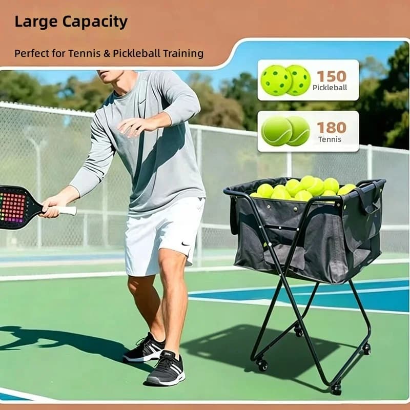 Black Foldable Portable Tennis Ball Collection Cart, Can Hold 150 Balls, Durable Iron Frame, Environmentally Friendly Mobile Sto
