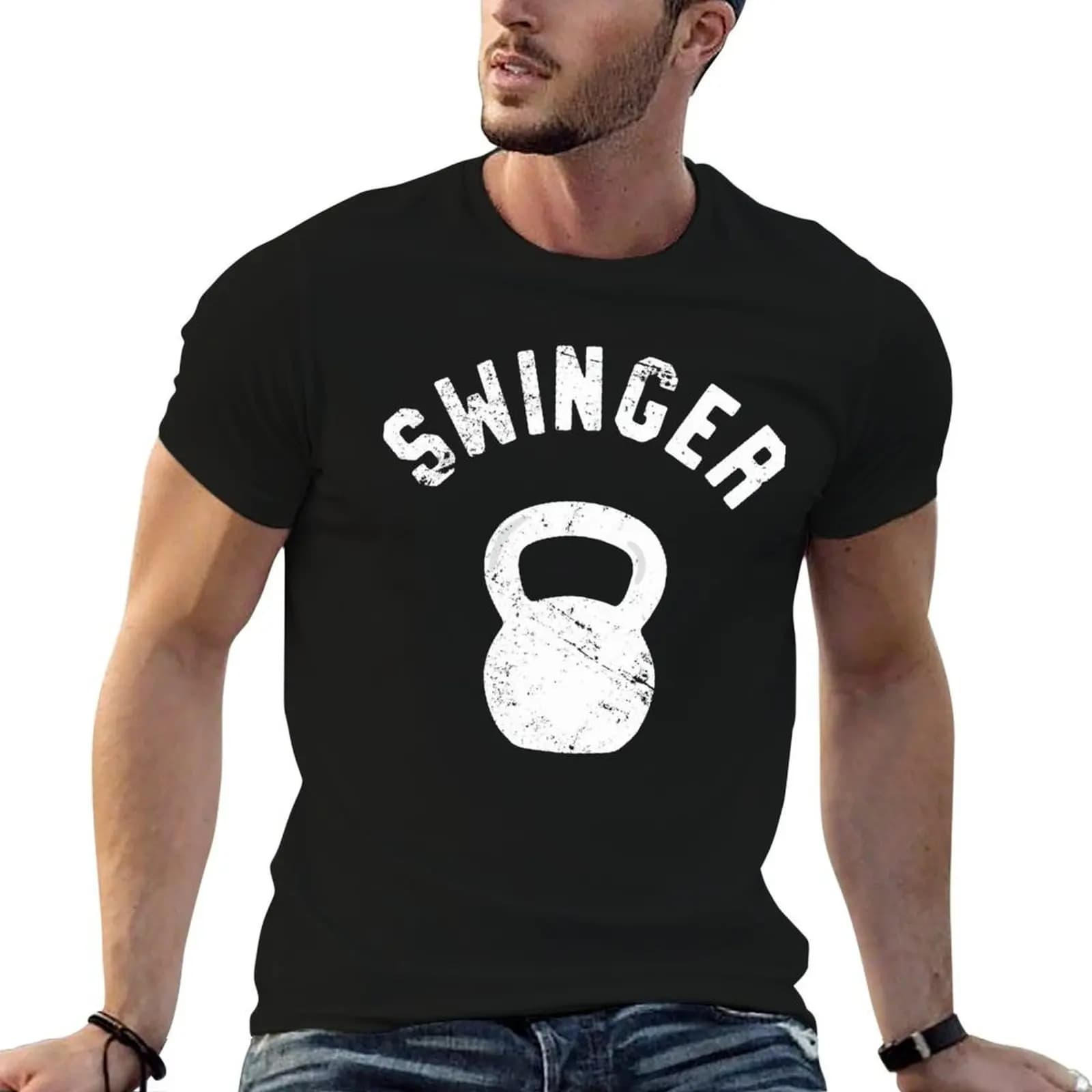 T-shirt divertente Swinger con gioco di parole sulle kettlebell, in cotone, nera, tinta unita, da uomo, in confezione