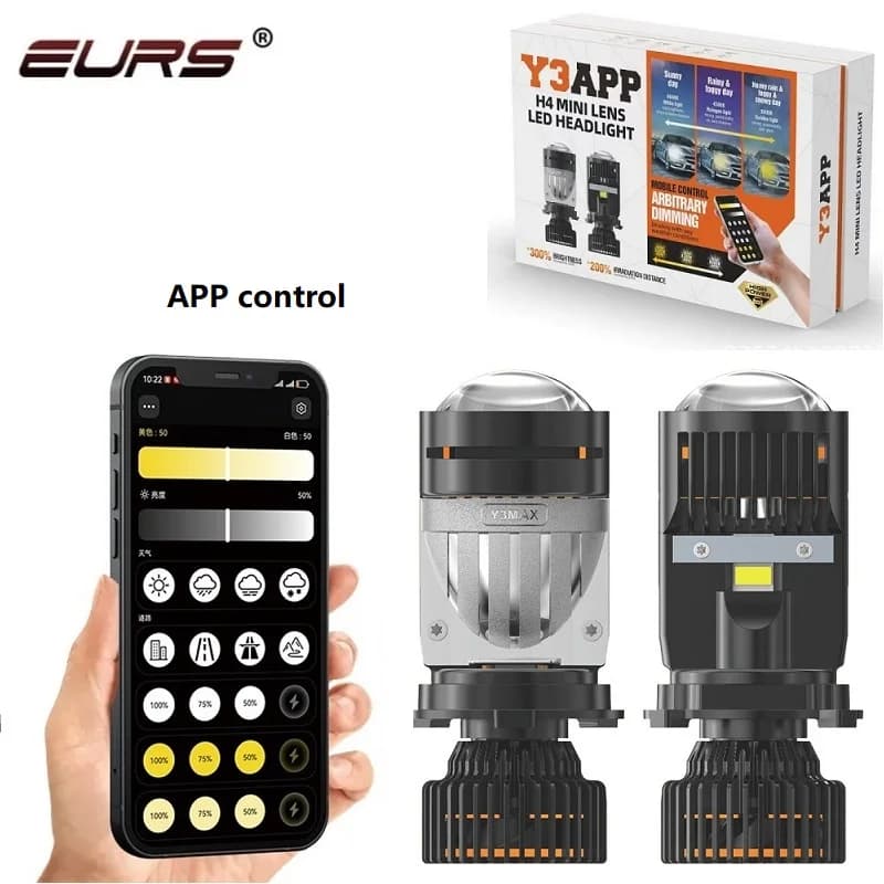 EURS Y3 APP H4 Fari a LED per auto H4 Mini obiettivo per proiettore 3000K-6000K Dimmerazione arbitraria Controllo app wireless Lampadina a fascio alto e basso