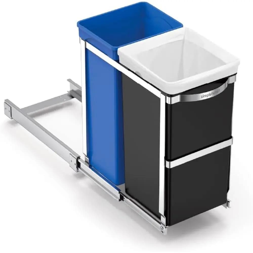 35 Liter / 9.3 Gallon Dual Comparent Under Counter Kitchen Cabinet Pull-Out Recycling Bin and Trash Can, Chrome