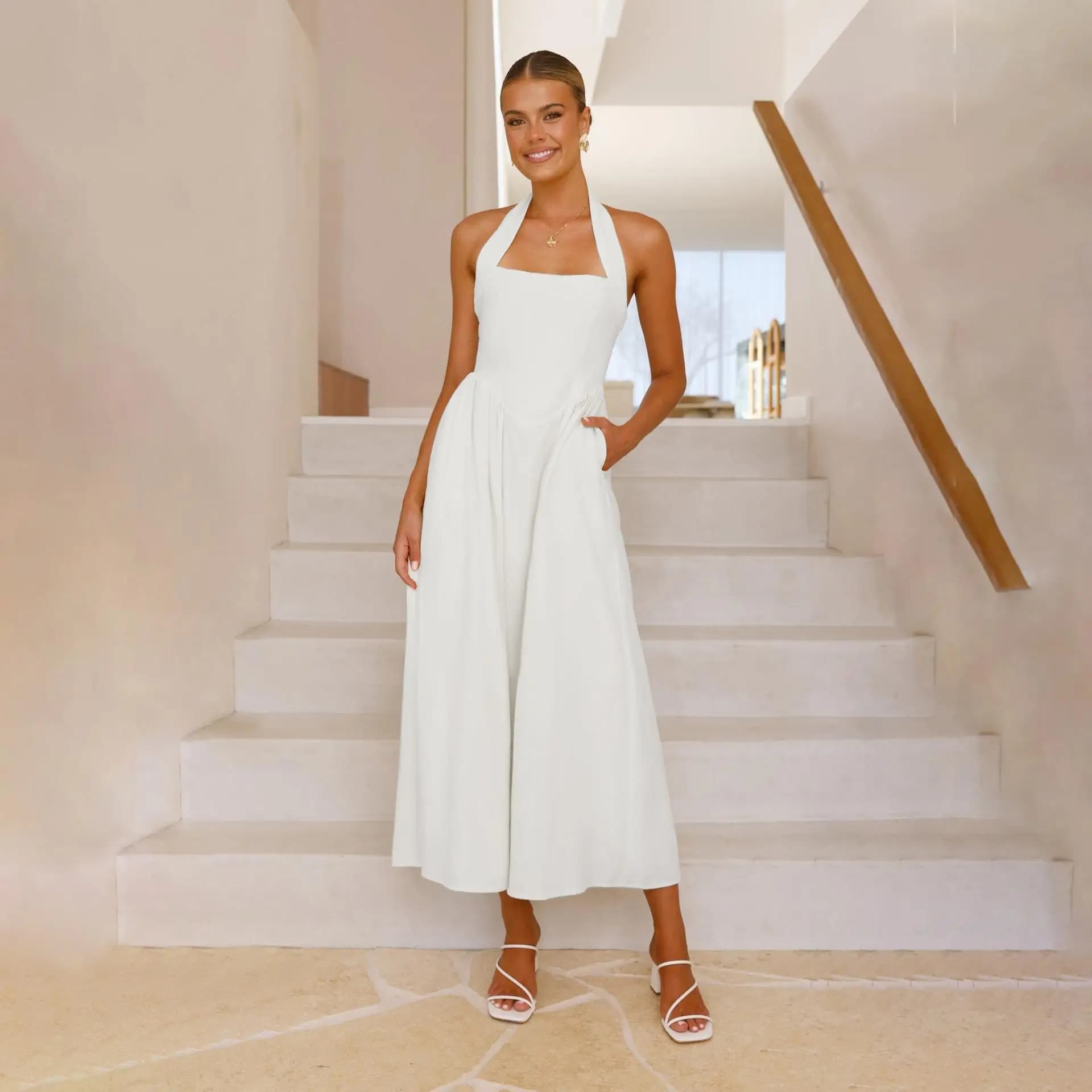 Elegante Abito Monocolore con Collo Quadrato e Vita Stretta, Stile Gonna a Vita Alta a Trapezio, Abbigliamento Business da Donna