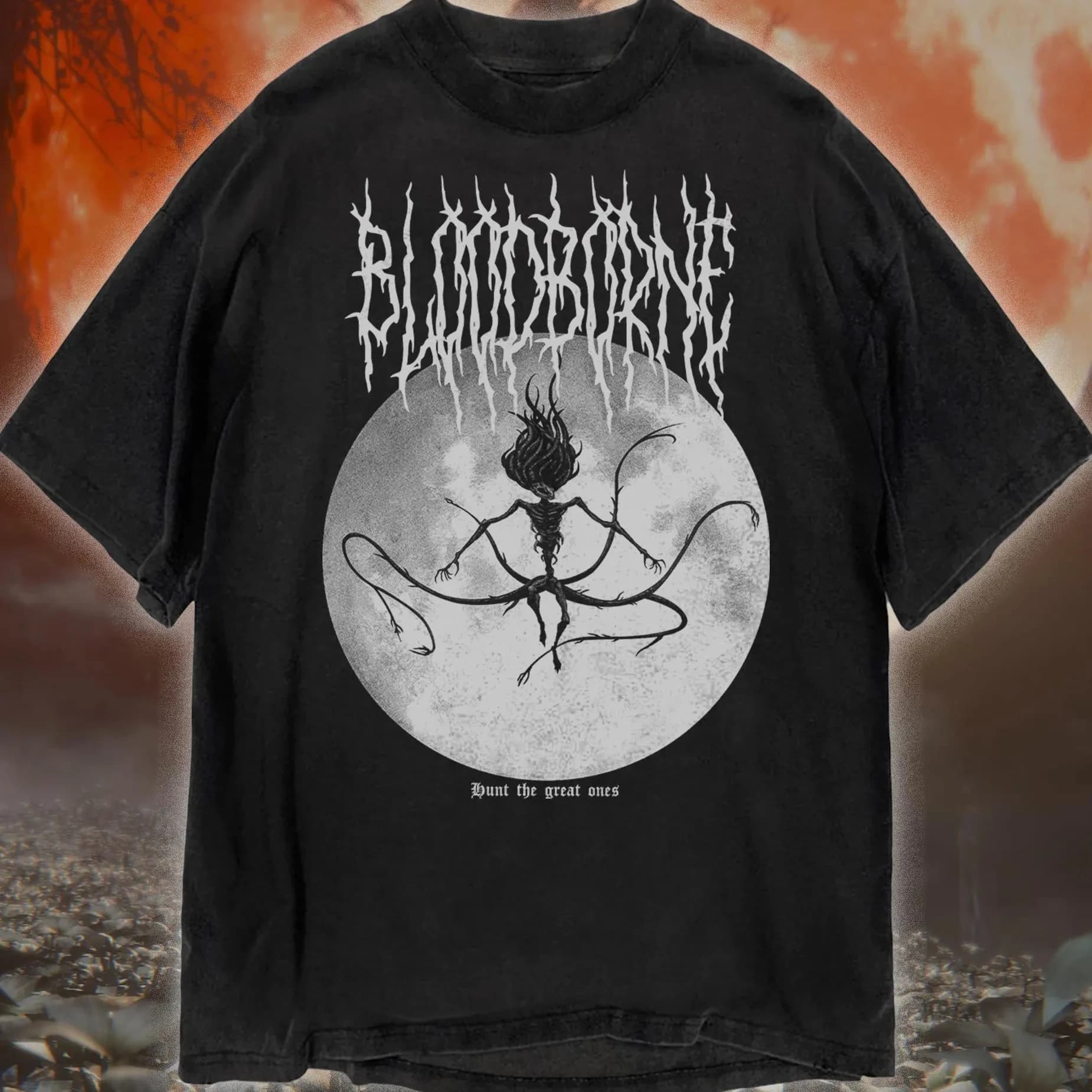 T-shirt Bloodborne 'Presenza della Luna' di FromSoftware, Maglietta a Tema Videogiochi in Metallo, Cotone Puro Pesante per Tutte le Stagioni, Streetwear