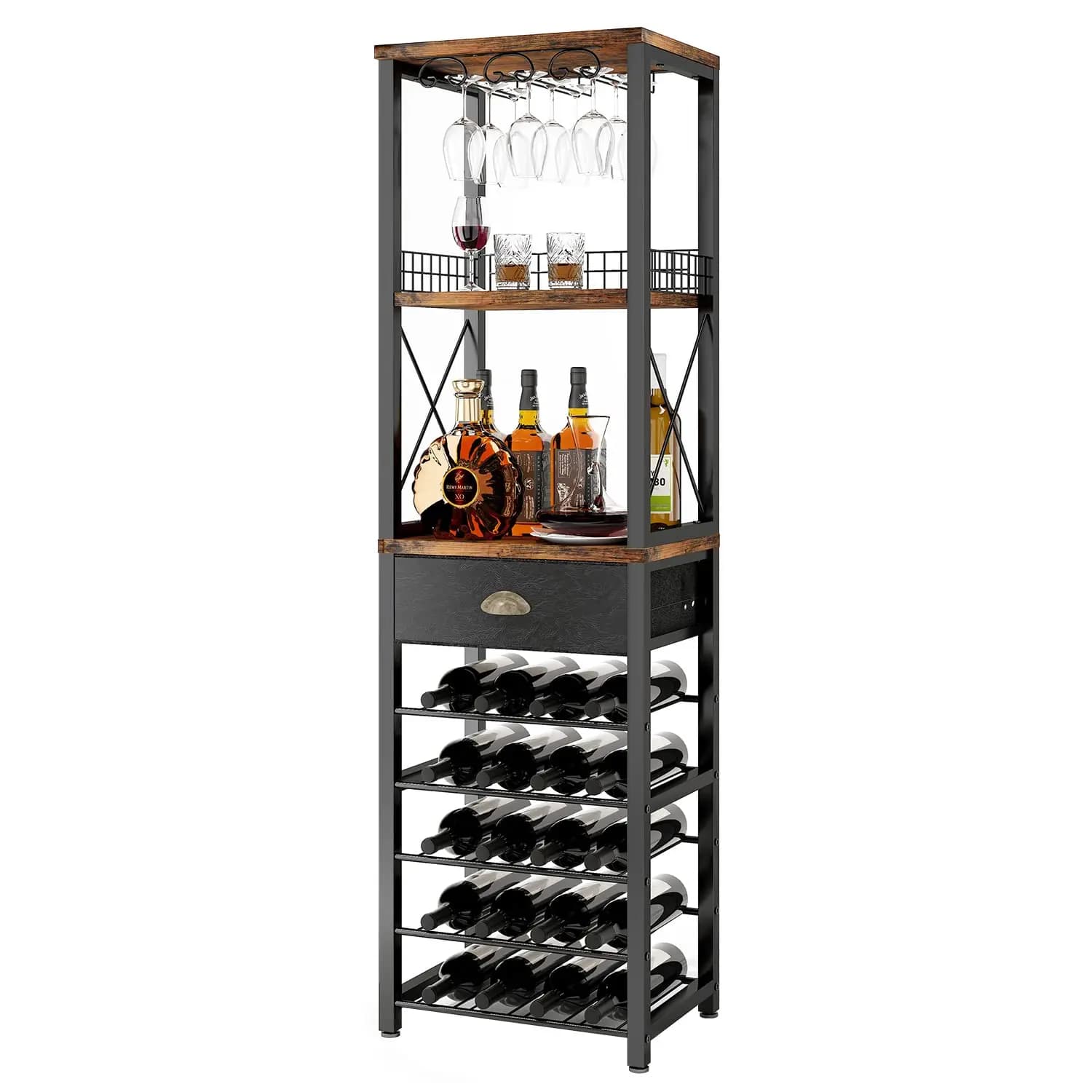 Mobile Bar Portabottiglie a 4 Ripiani con Porta Bicchieri e Cassetto Portaoggetti per Soggiorno, Personalizzabile