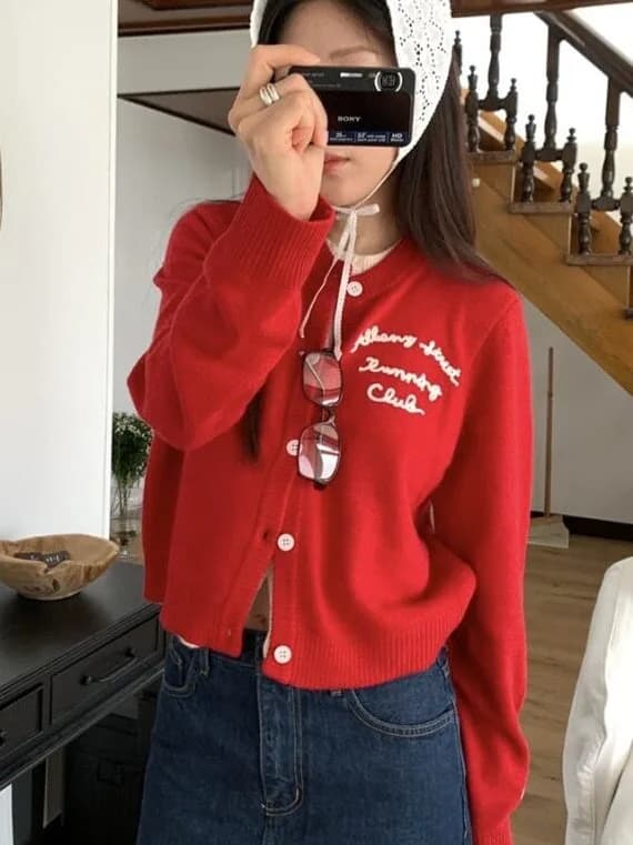 Retro round Neck Embroidered Letter Print Color Block Long Sleeve Knitted Sweater Jacket Women's Chic Autumn Fashion Street S...