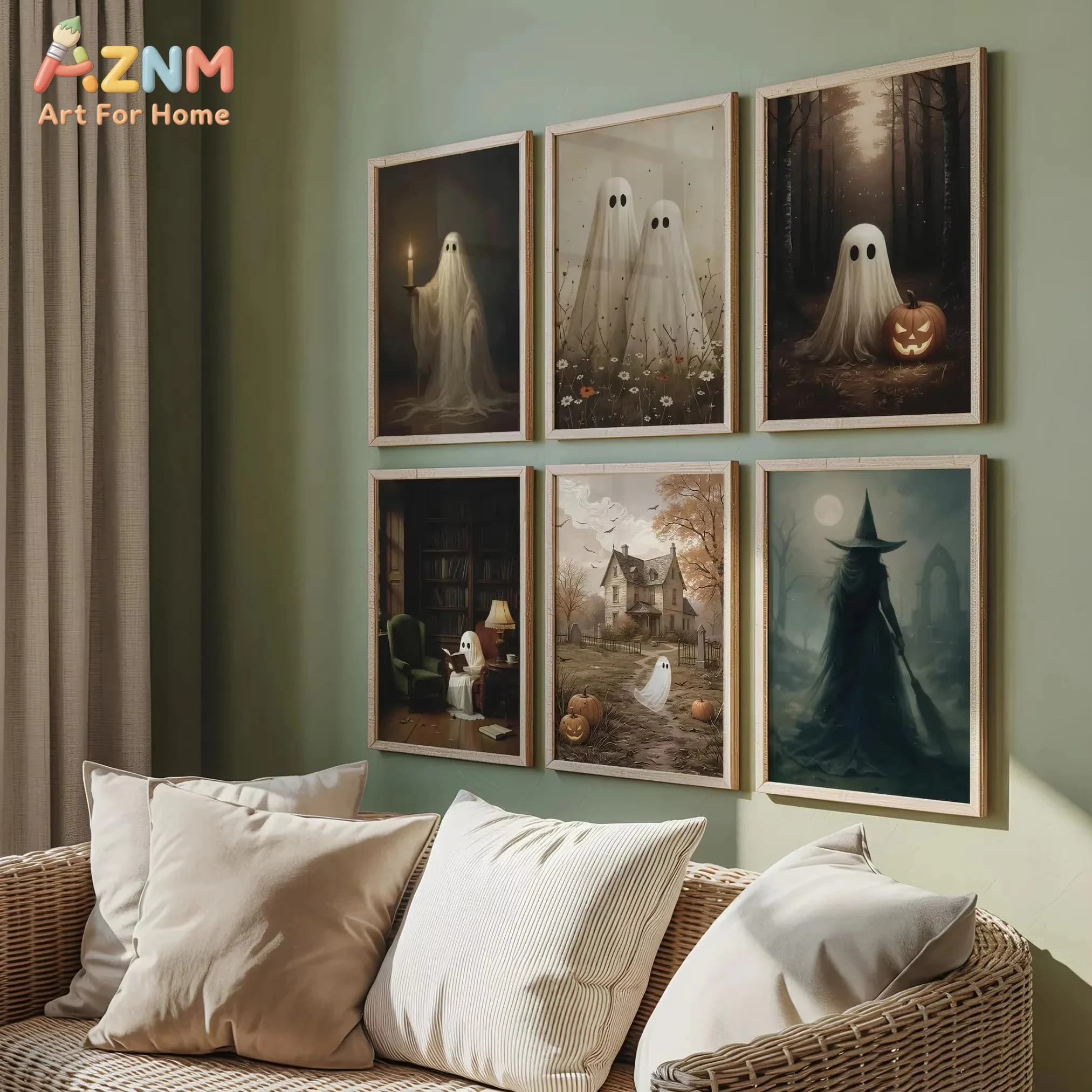 Cute Ghost Holding Candle Canvas Print Halloween Witch Autumn Landscape Wall Art Poster for Modern Living Room Home Decor Gifts