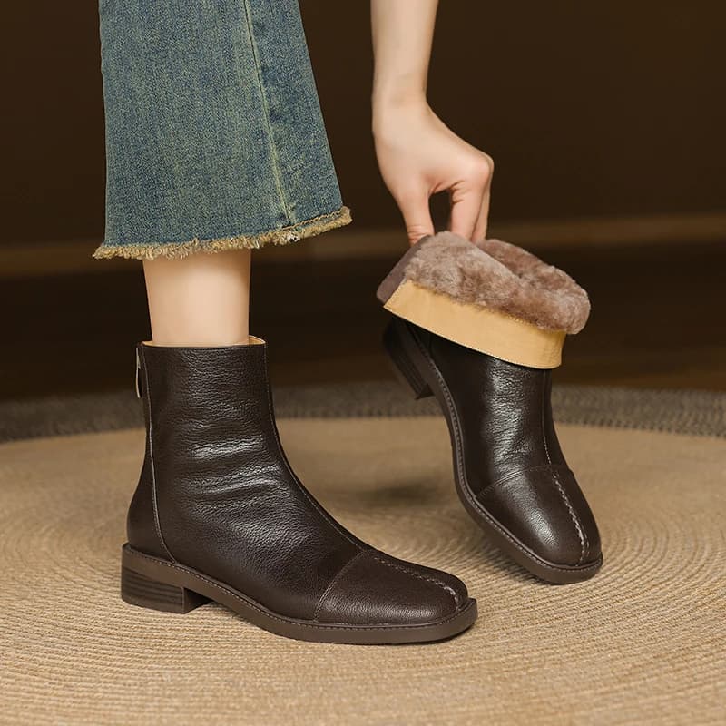 2026 new autumn winter women ankle boots natural leather plus size 22-25cm sheepskin+wool thick heel back zip short boots