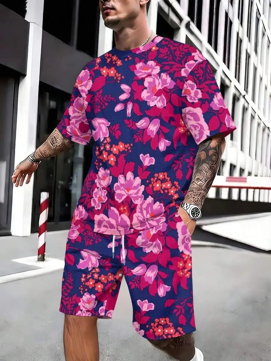 Set da uomo in due pezzi con stampa floreale, t-shirt a maniche corte e pantaloncini, completo casual estivo