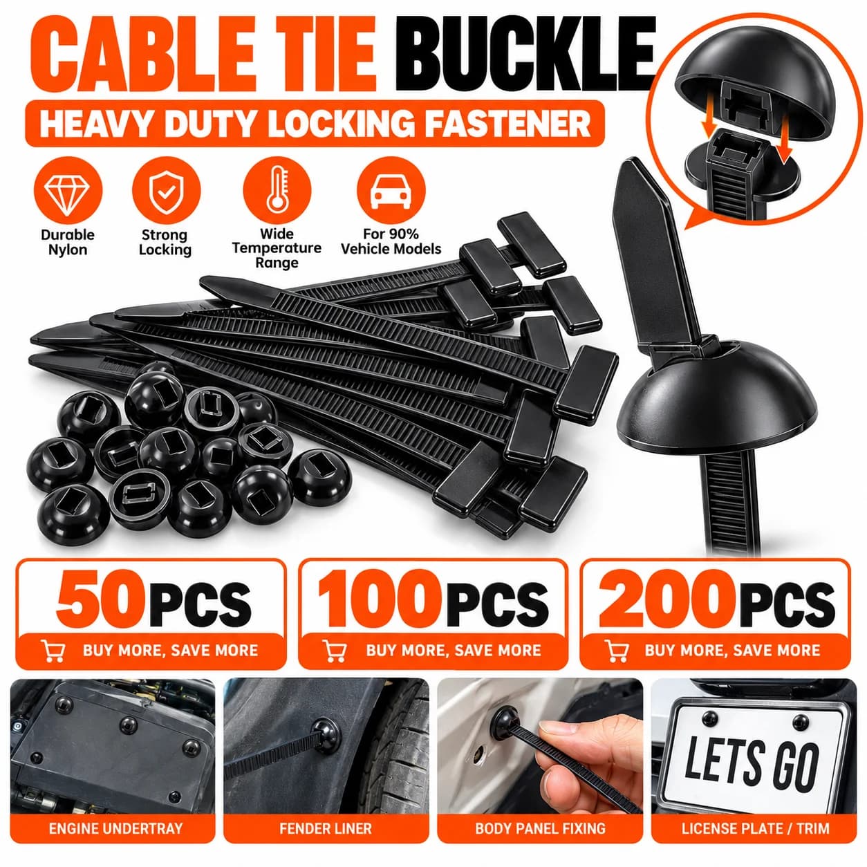 Nylon Universal Cable Tie Buckle, Heavy Duty Zip Tie Holder with Pin Button, Plastic Fastener for Car Body Repair