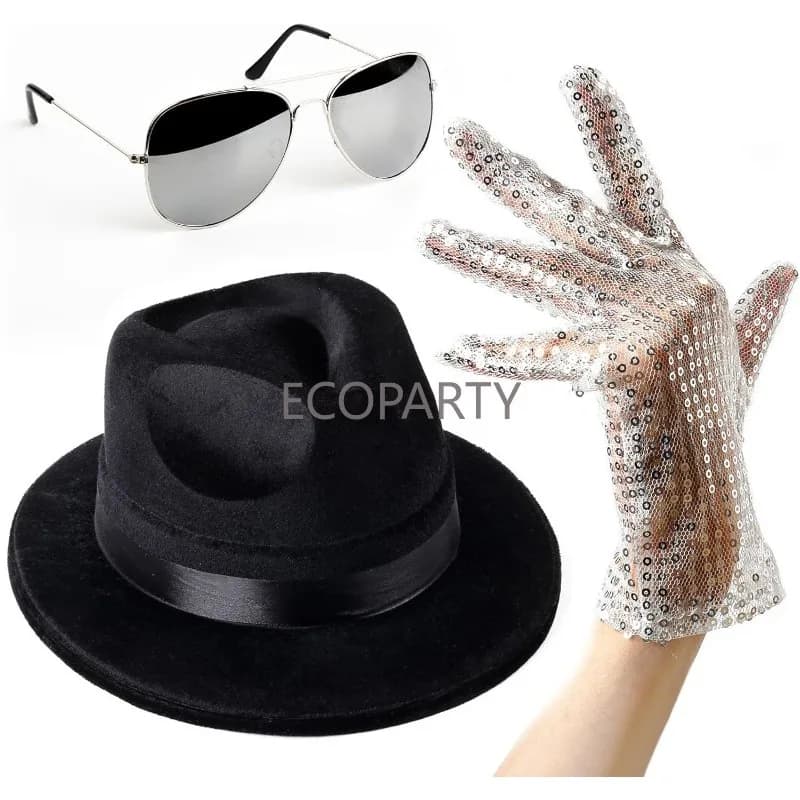 Accessori per costumi pop king jackson Guanti con paillettes MJ, cappello Fedora nero e occhiali da sole per feste cosplay di Halloween a tema anni '80