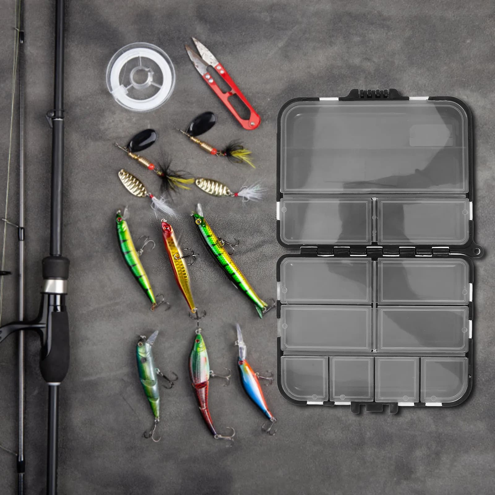 Scatola Porta Attrezzi da Pesca in Plastica Rigida, Organizer Multi-Griglia Portatile per Ami da Pesca, Esche, Accessori e Piccoli Attrezzi