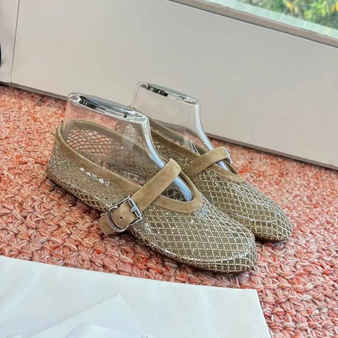 2026 Luxury Designer Genuine Leather Water Diamond Mesh Single Shoes Women's Breathable Ballet Shoes Hollow Fishing Net Sandals