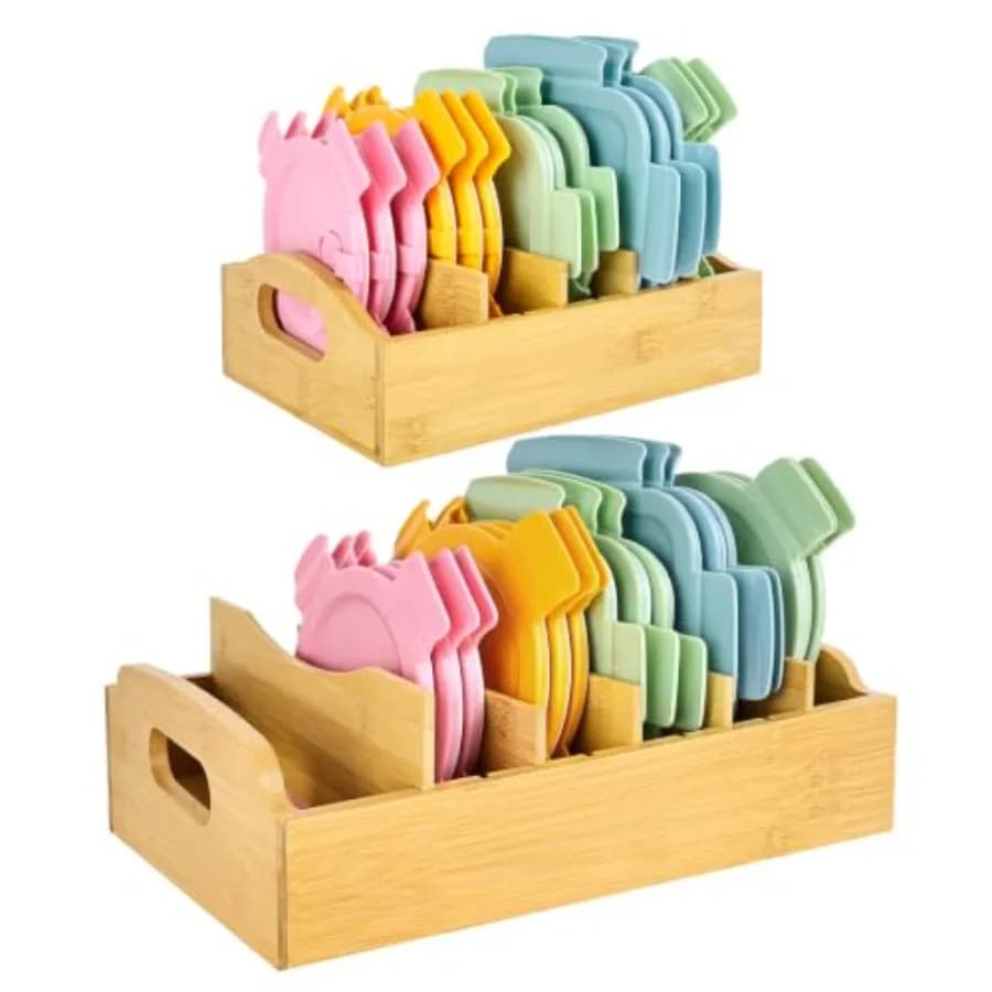 2 Pack Bamboo Lid Organizer, 10.6" x 8.2"/13.2" x 10"Food Storage Container Lid Holder with Adjustable Dividers, Kitchen Storge