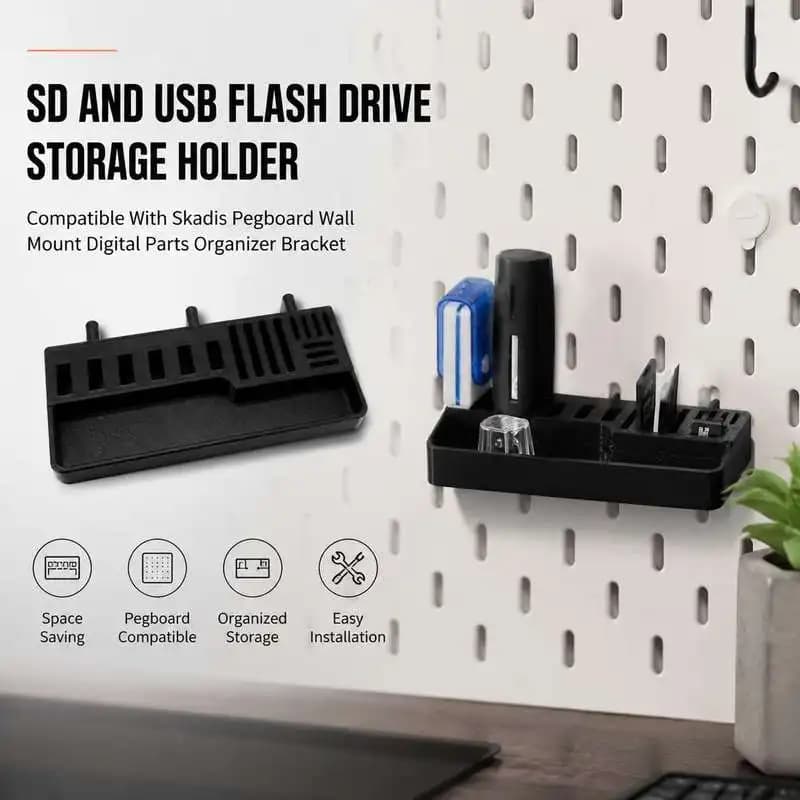SD And USB Flash Drive Storage Holder Compatible With Skadis Pegboard Wall Mount Digital Parts Organizer Bracket