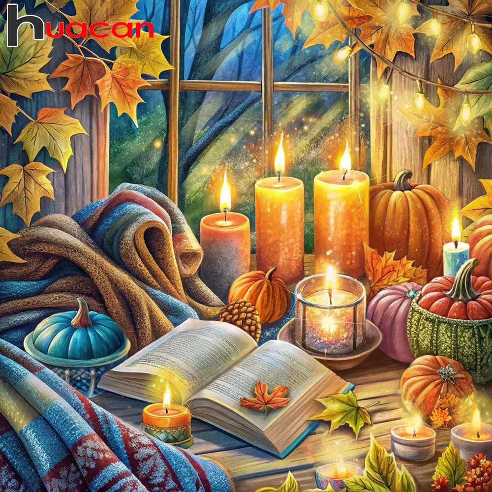 Huacan 5D pittura diamante fai da te libro autunnale candela diamante mosaico paesaggio nuova collezione 2025 dipinti decorativi