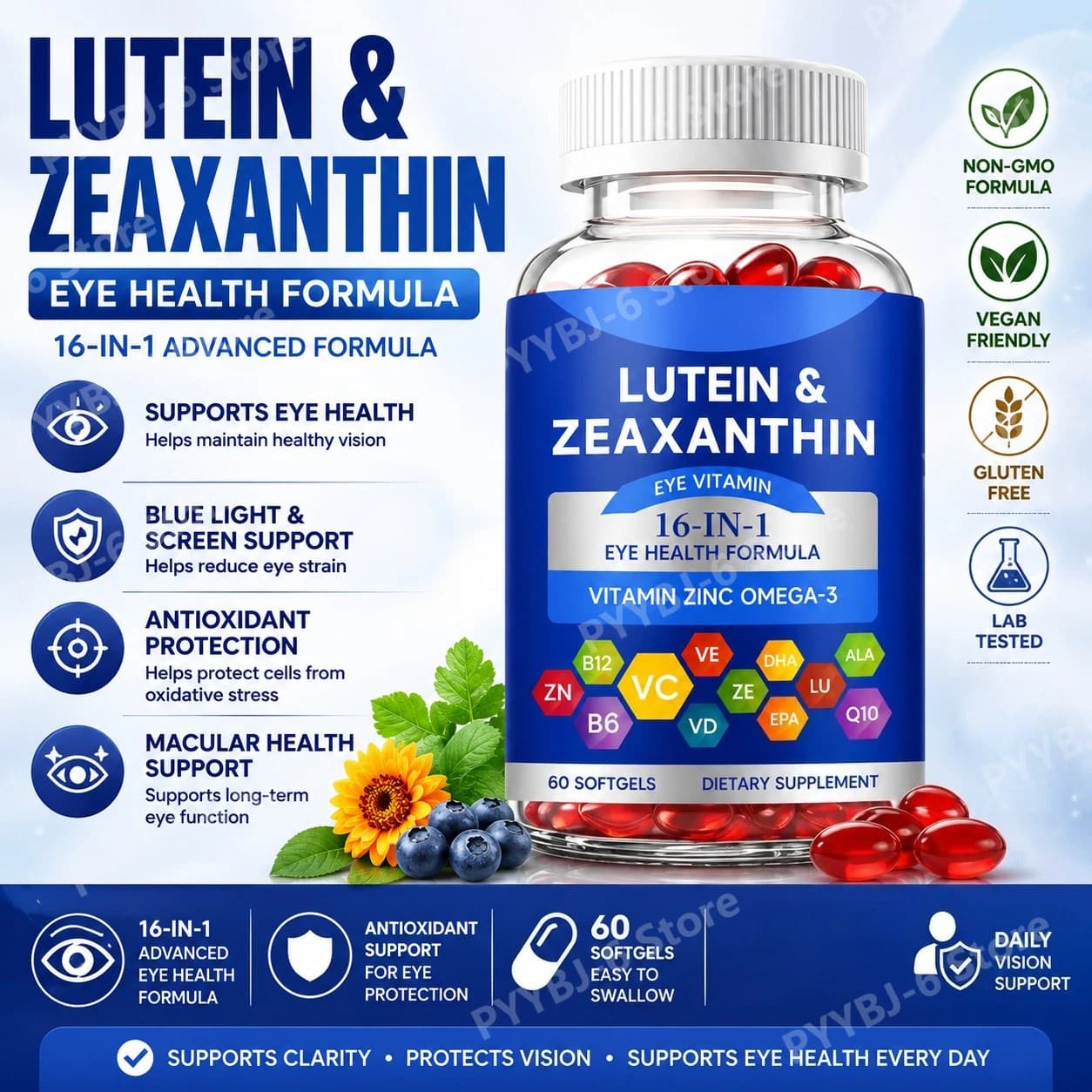 Integratore per la Vista e la Salute degli Occhi 16-in-1 con Luteina, Zeaxantina e Omega-3, 60 Softgel, Non-OGM, per Adulti