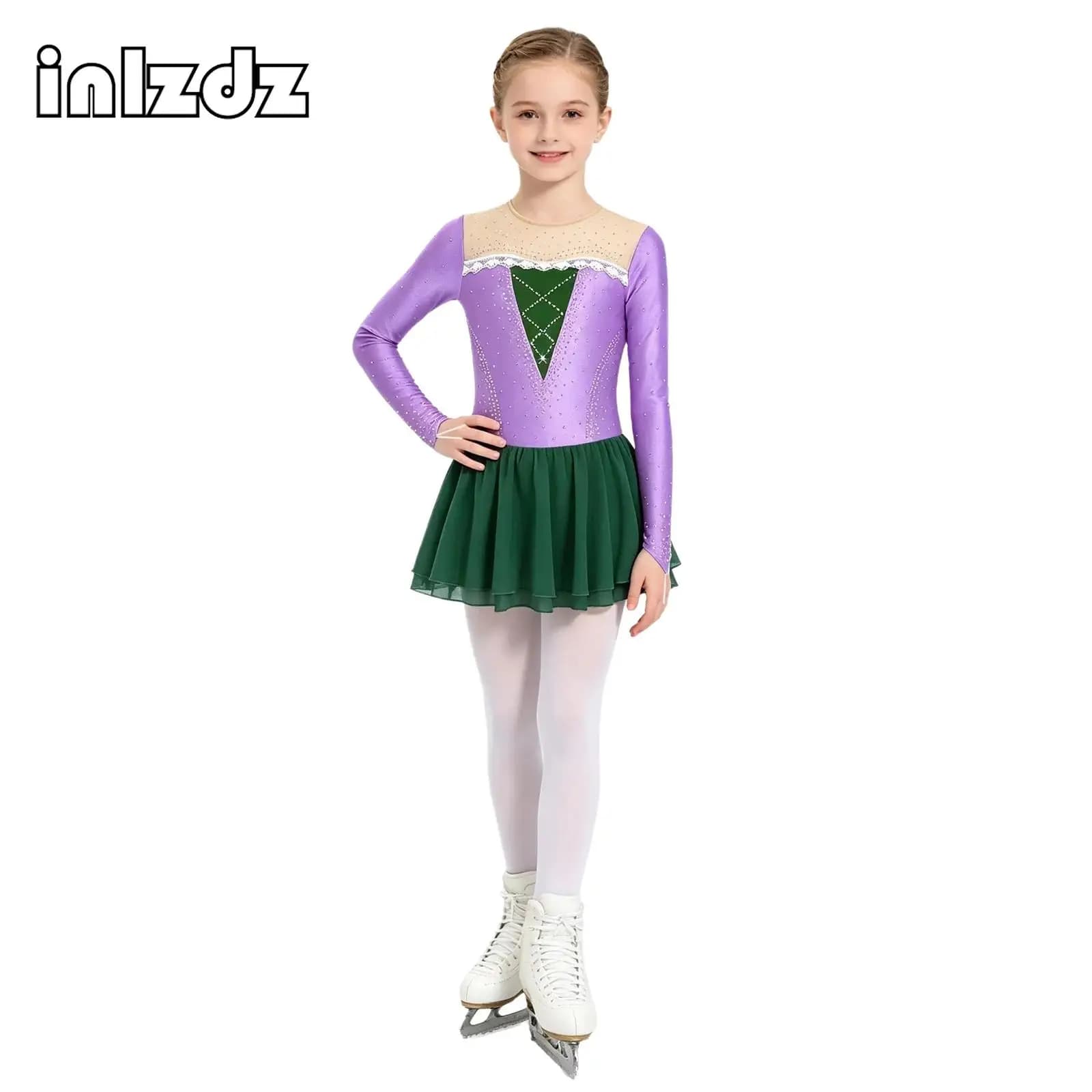 Vestito da Pattinaggio Artistico per Ragazze, Abito da Balletto, Costume da Danza Lirica per Palcoscenico, Body da Ginnastica con Gonna Tutu, Abbigliamento da Danza Principessa con Strass