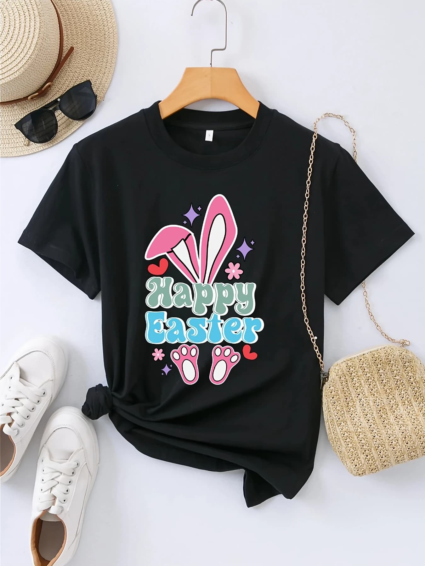 Women's graphic t-shirt for Easter - Print with rabbit ears, hearts and stars - 100% cotton, soft, crew neck, short sleeve