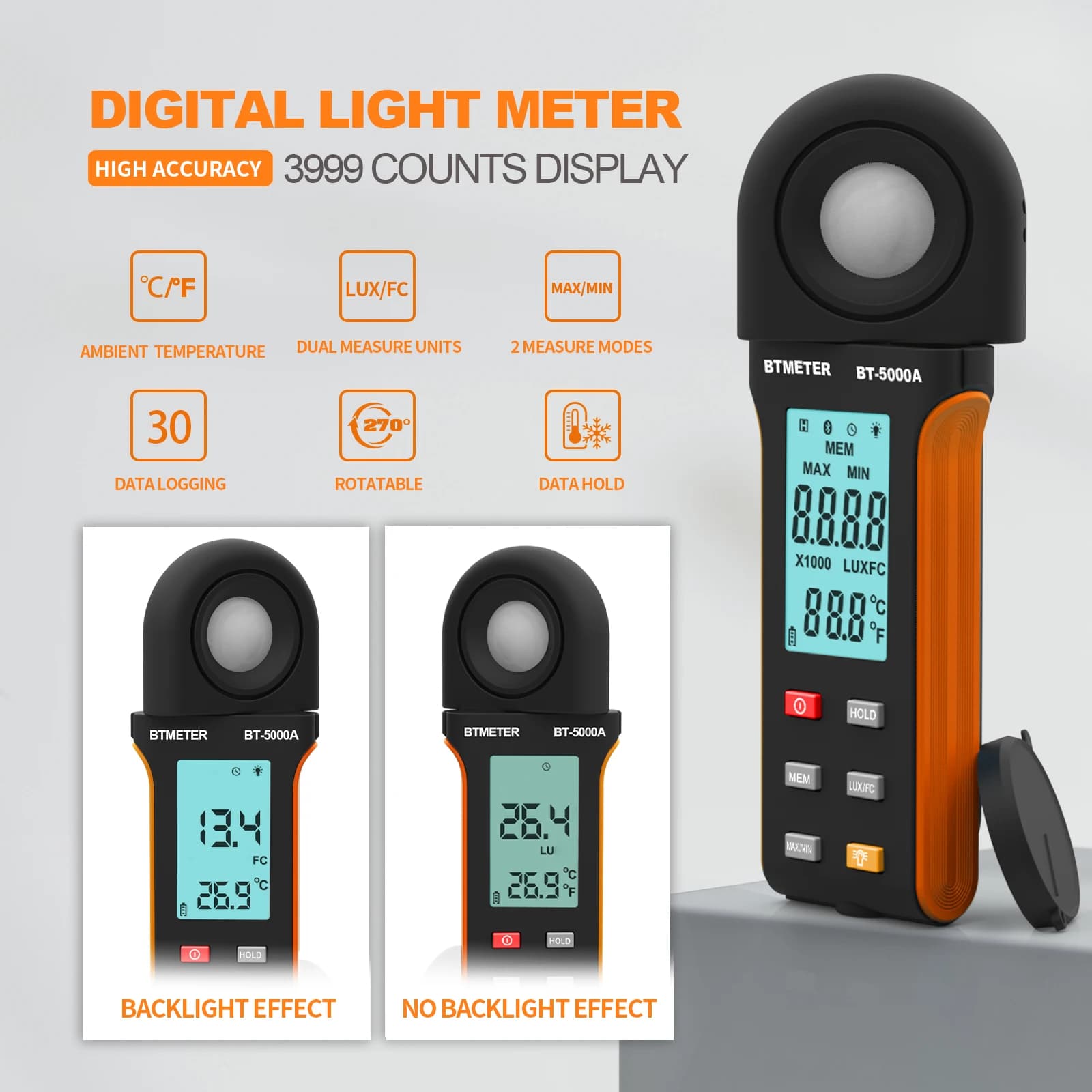 Luxmetro Digitale 5000A 0-400000 Lux, High Precision Lighting Meter with Retroilluminated Display for Professional Use in Photography