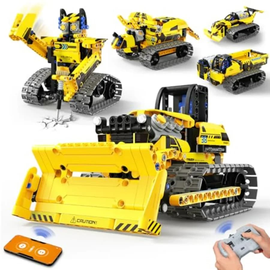 Kit di Costruzione Robot STEM 5 in 1, 452 Pezzi, Controllo Remoto via App, Giocattoli di Ingegneria e Robotica per Bambini 8-12 Anni, Bulldozer RC