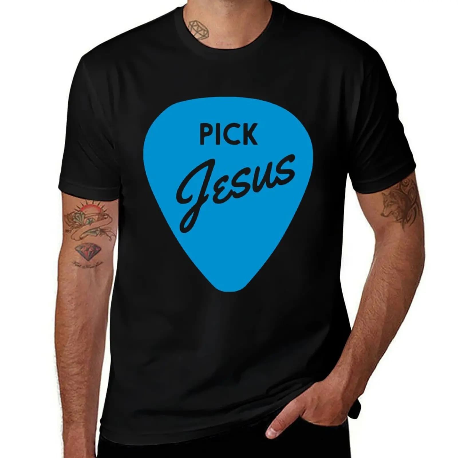 Pick Jesus, guitar pick, Christian Clothing T-Shirt Big Size Short Sleeve Casual Top