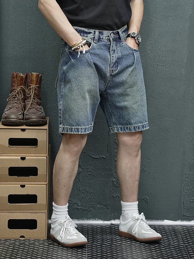 2025 Estate New American Retro Denim Cargo Shorts Moda uomo 80% cotone lavato Fai vecchi pantaloni larghi dritti casual a 5 punti