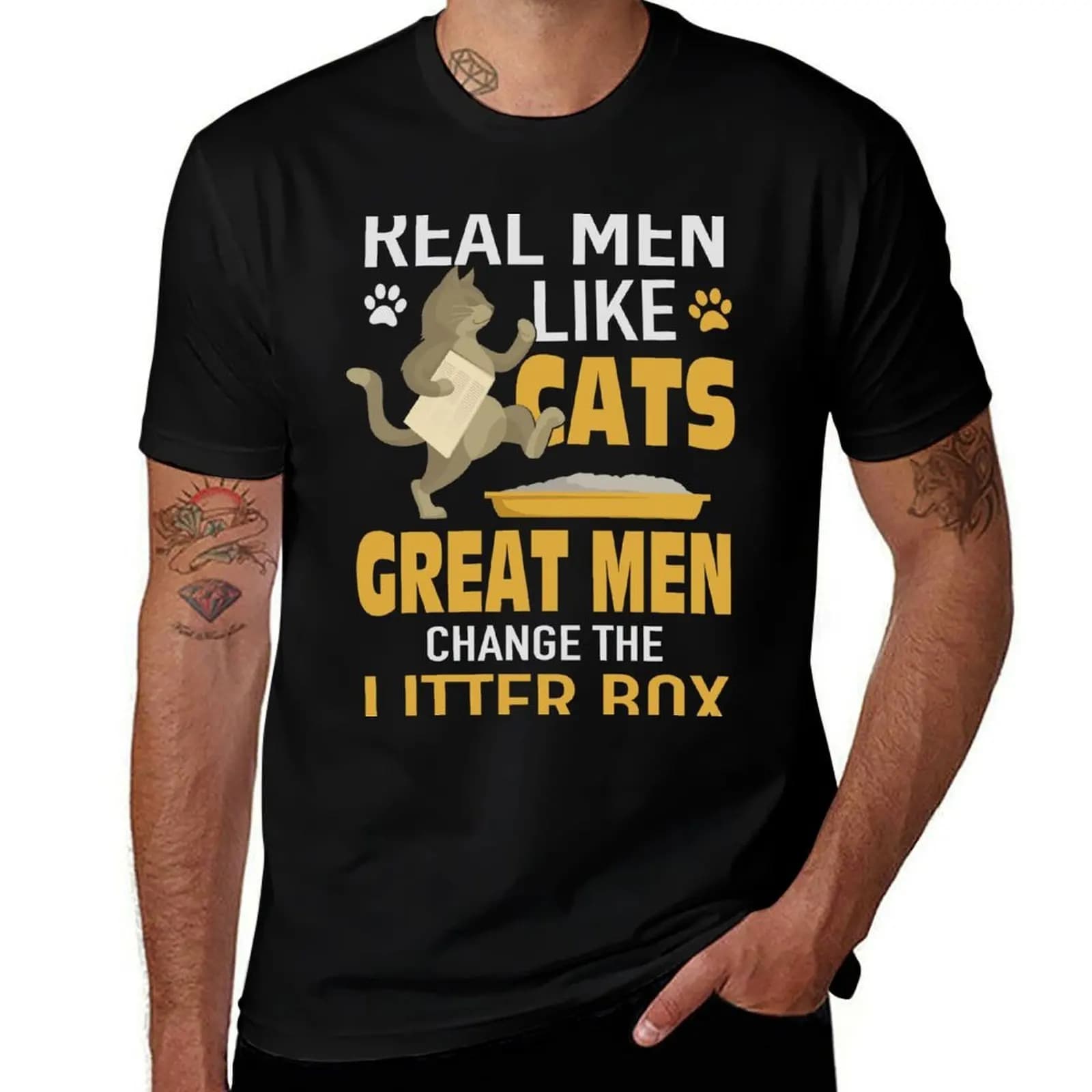 Real Men Like Cats Great Men Change Litter Box T-Shirt Casual Loose Short Sleeve Tee for Men T-Shirt