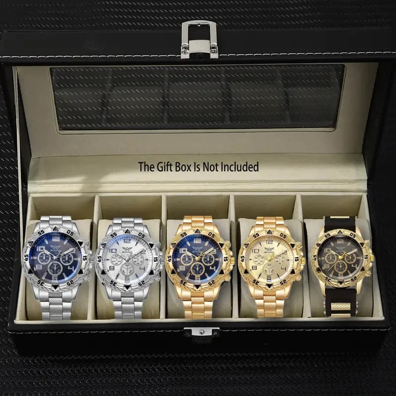 5pcs/set-Men's Watches Fashion Arabic Dial Steel Band Quartz Watch Set (Without Box）