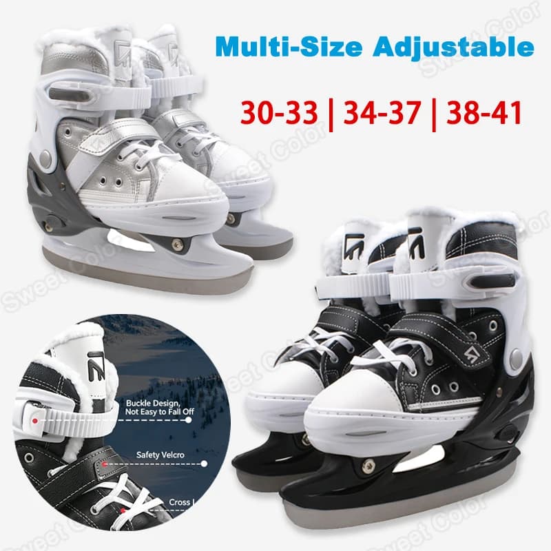 LUOOU Multi-Size Adjustable Ice Hockey Skates Fleece Lined Thermal Warm Ice Skating Shoes Durable Real Ice Blades for Kids Adult