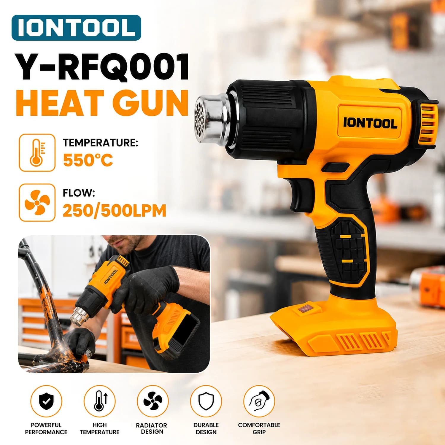 IONTOOL Portable Yellow Cordless Heat Gun 500L/min For Drying Wet Wood and Bending Plastic Conduit and Embellishing Foam