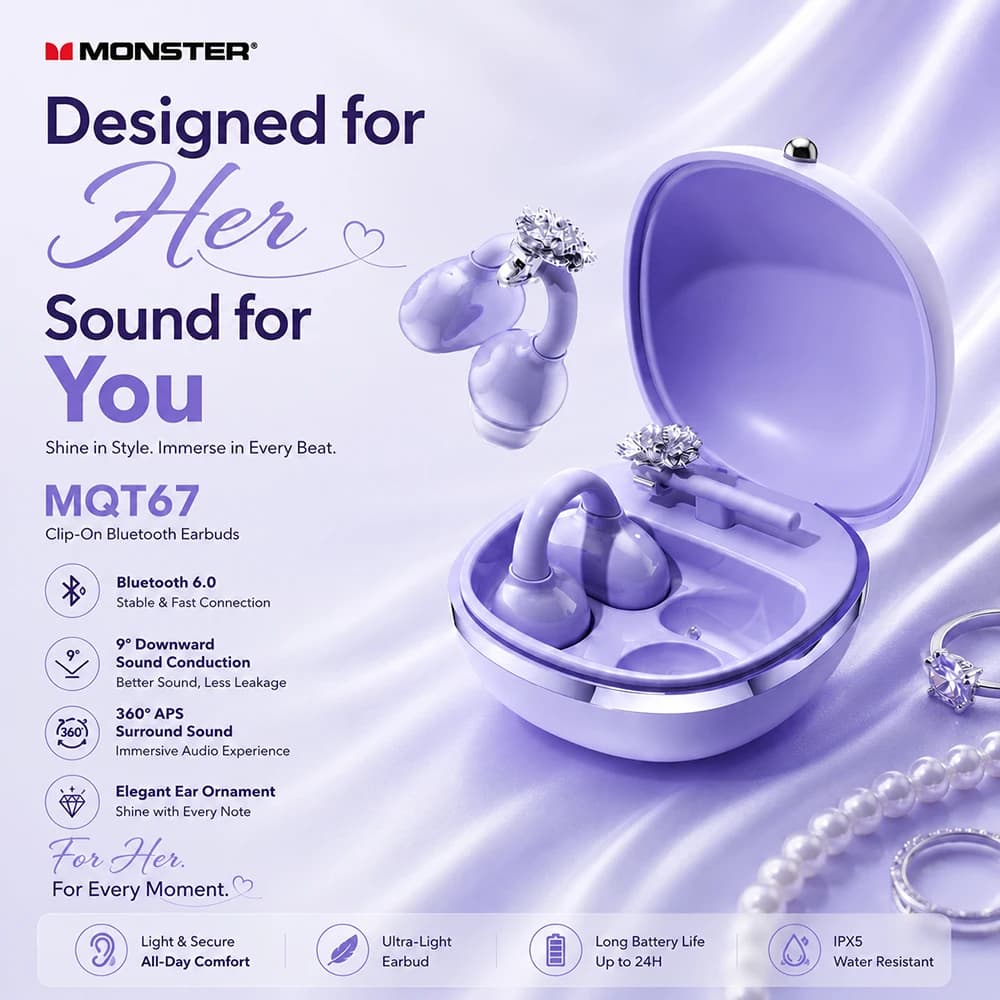 Monster MQT67 Earring Decor Earclip Bluetooth 6.0 Headphone Jewelry Ear Ornaments TWS Wireless Earphones for Lady's Ideal Gift