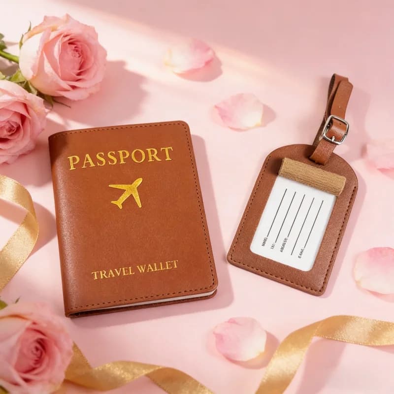 Set di Porta Passaporto in Pelle e Etichetta per Bagagli - Design con Lamina Dorata, Regalo Perfetto per San Valentino per Viaggiatori e Frequentatori di Compagnie Aeree