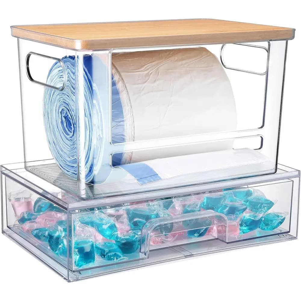 Trash Bag Holder Under Sink Stackable Storage, Extra Large Laundry Room Organization, Laundry Pod Organizer with Lid, Garbage Ba
