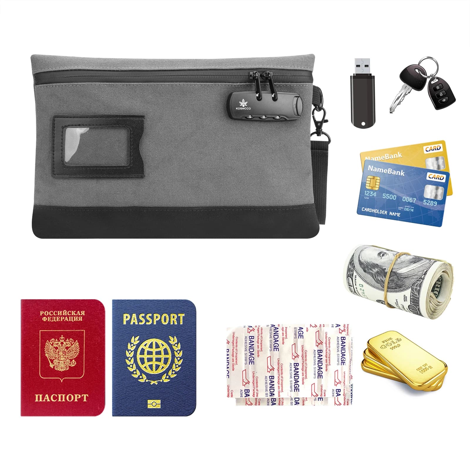 Borsa per soldi con serratura Borsa per contanti in tela resistente per custodia per passaporti in contanti