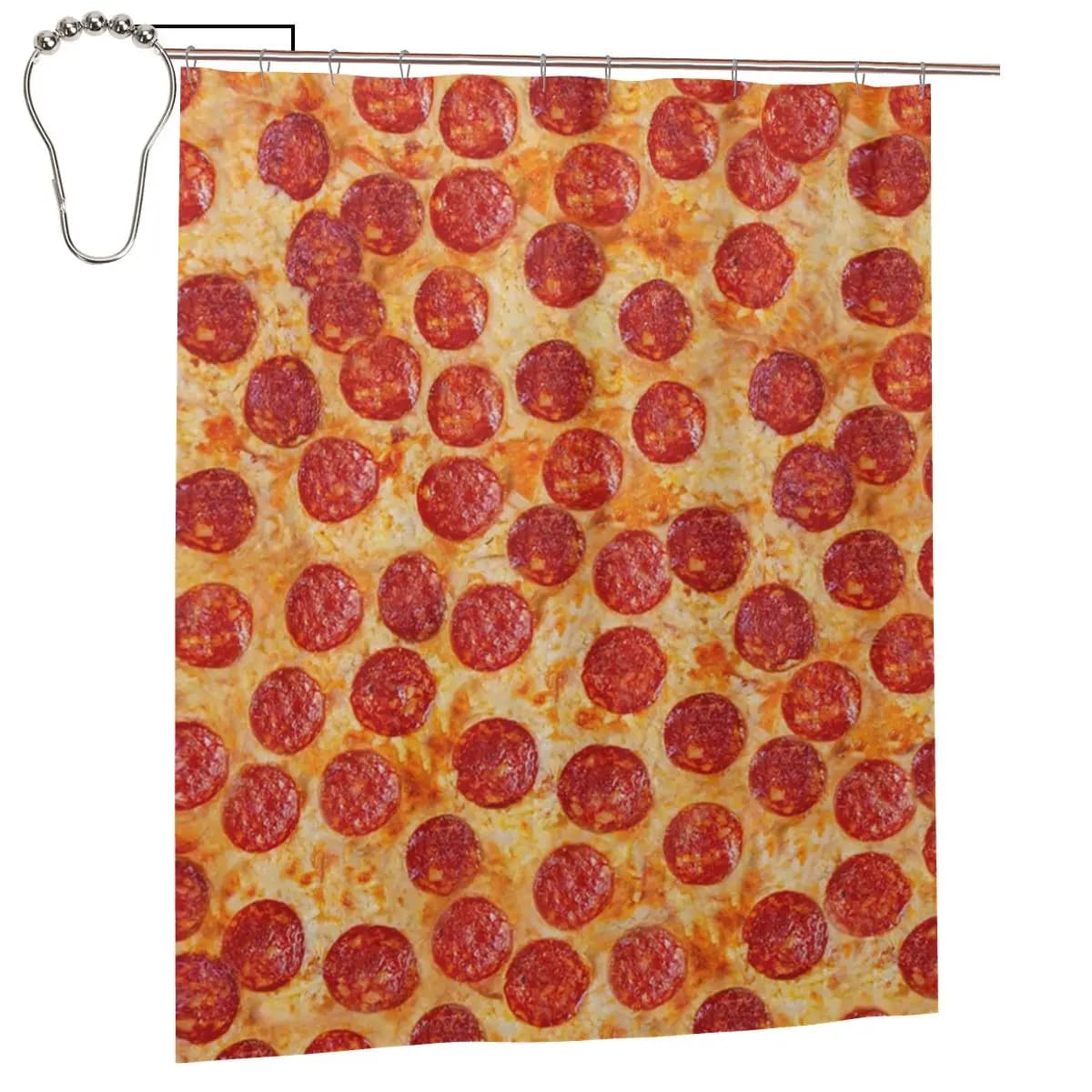 Tenda da doccia realistica con motivo pizza pepperoni, in poliestere impermeabile, con ganci