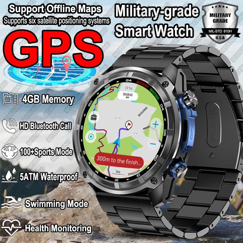 Nuovo Orologio Intelligente GPS Militare per Uomo con Mappe Offline, Impermeabile 10ATM, Memoria 4GB, Batteria 860 mAh, Lettore Video, Bussola, Smartwatch Sportivo per Nuoto