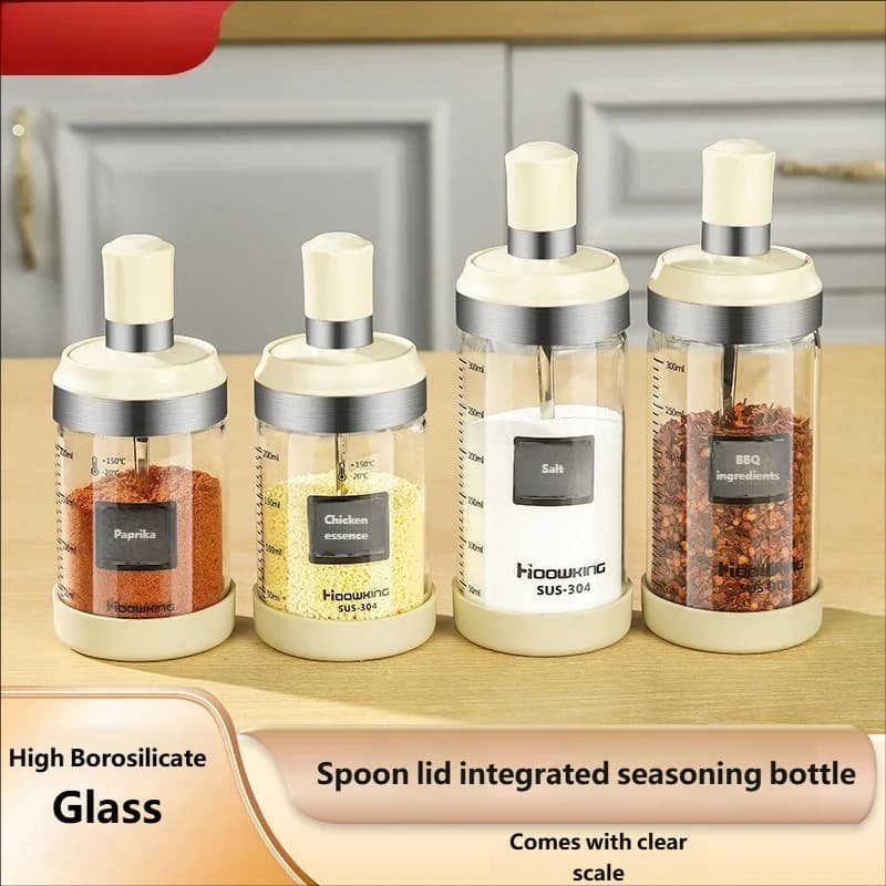 Glass Seasoning Jars Set Integrated Spoon Lid Salt Shaker MSG Bottle Household Kitchen Condiment Storage Canister