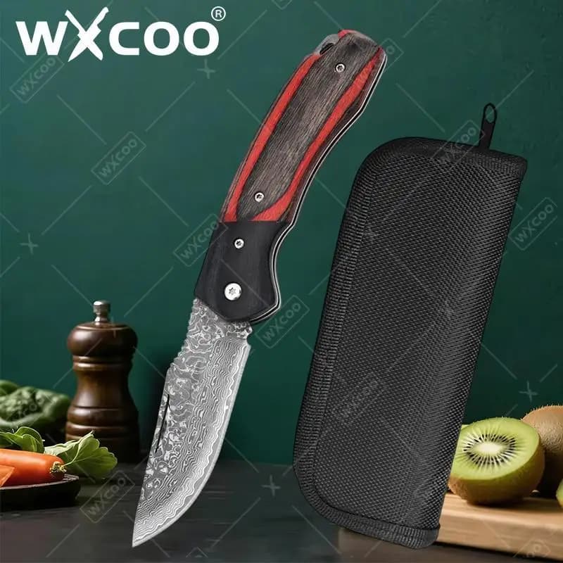 Coltello Pieghevole WXCOO Chef Damascus, Coltello Multiuso per Affettare Carne, Frutta, Barbecue, Disossare, Utensile da Cucina con Manico in Legno