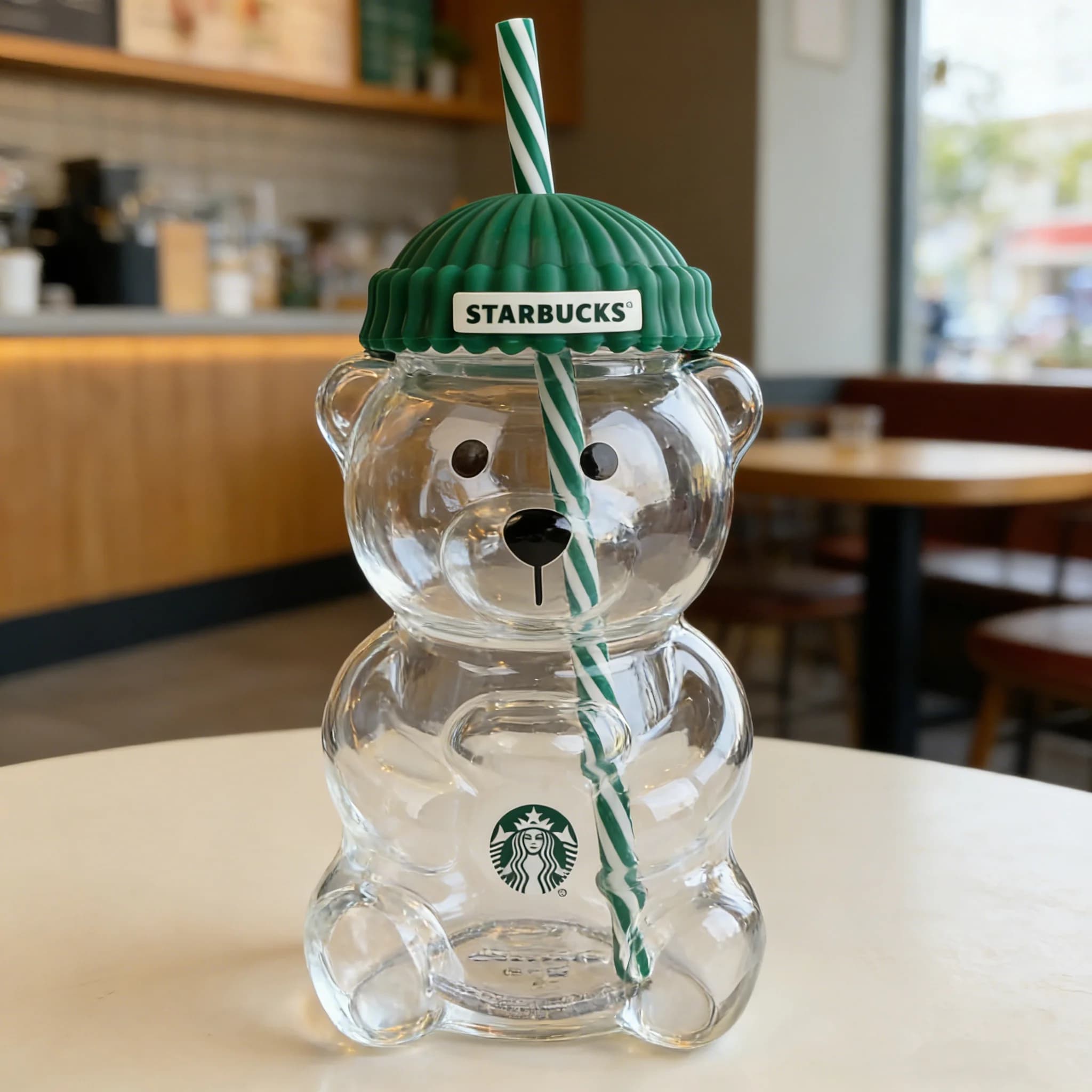 Bicchiere in Vetro Trasparente Starbucks Bearista Bear 20oz con Coperchio Verde e Cannuccia per Casa e Caffetteria