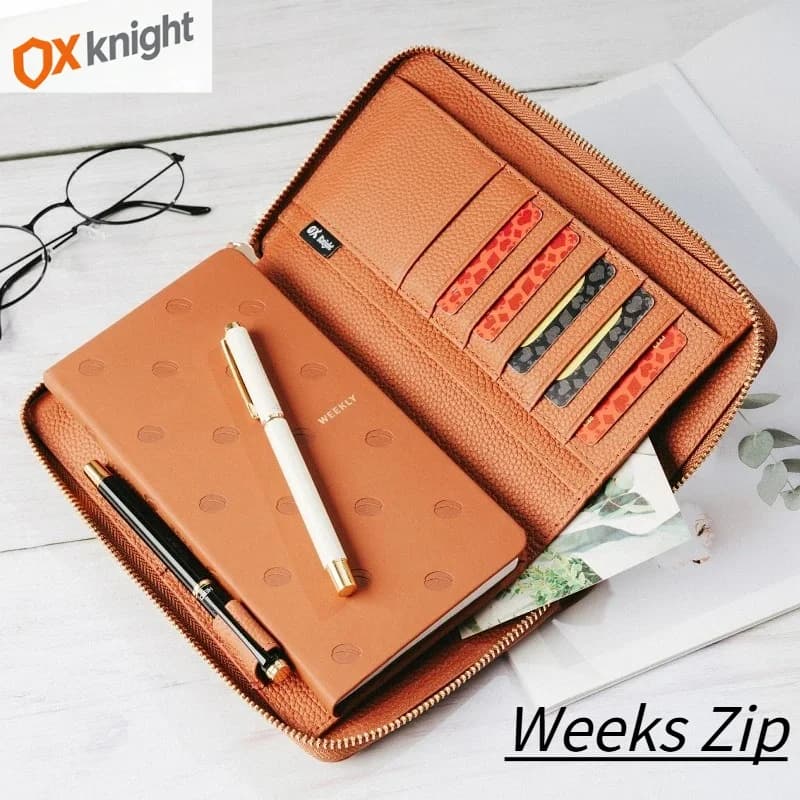 OX KNIGHT Weeks Zip Cover Taccuini in Vera Pelle di Vacchetta con Grana Goffrata per Planner, Blocco Note Vintage, Diario, Articoli di Cancelleria