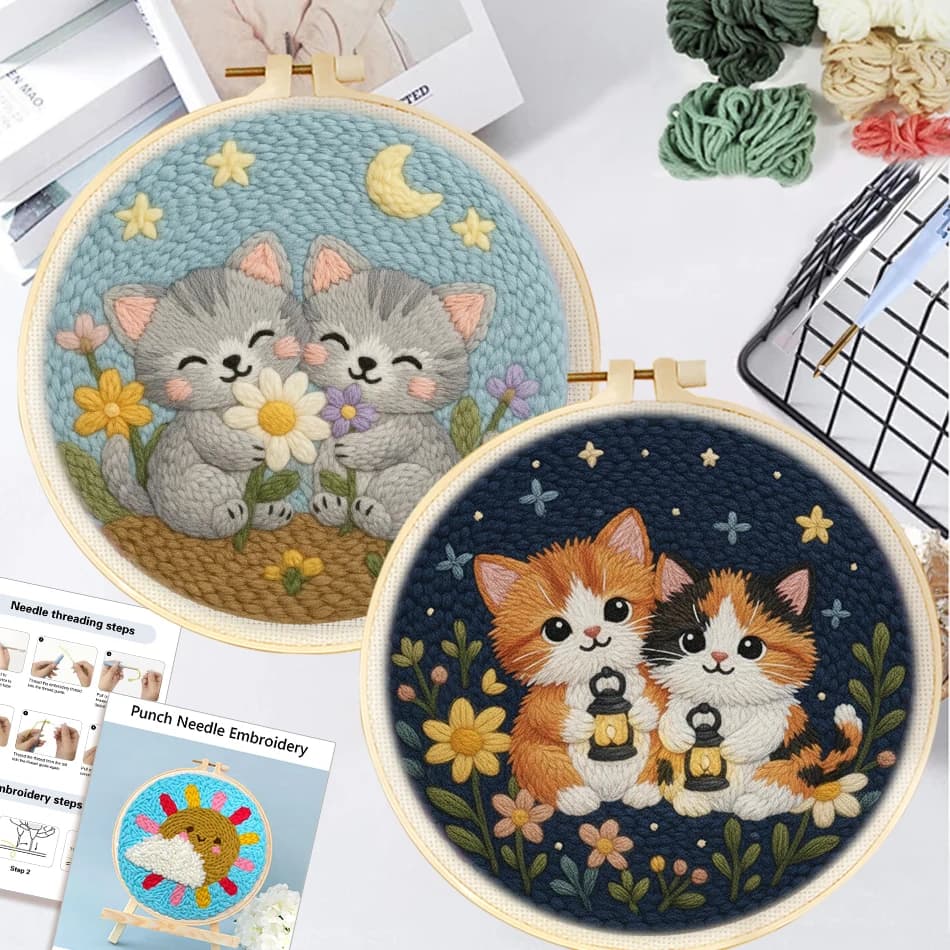 Punch Needle Embroidery Kit Cute Cat Animal Pattern Punch Needle Rug Kit Art Supplies Cross Stitch Kits Wall Decor