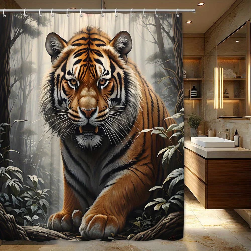 1x Tenda da doccia con tigre del Bengala - Strisce vivaci arancioni e nere, motivo foresta nebbiosa densa, tessuto in poliestere, con ganci