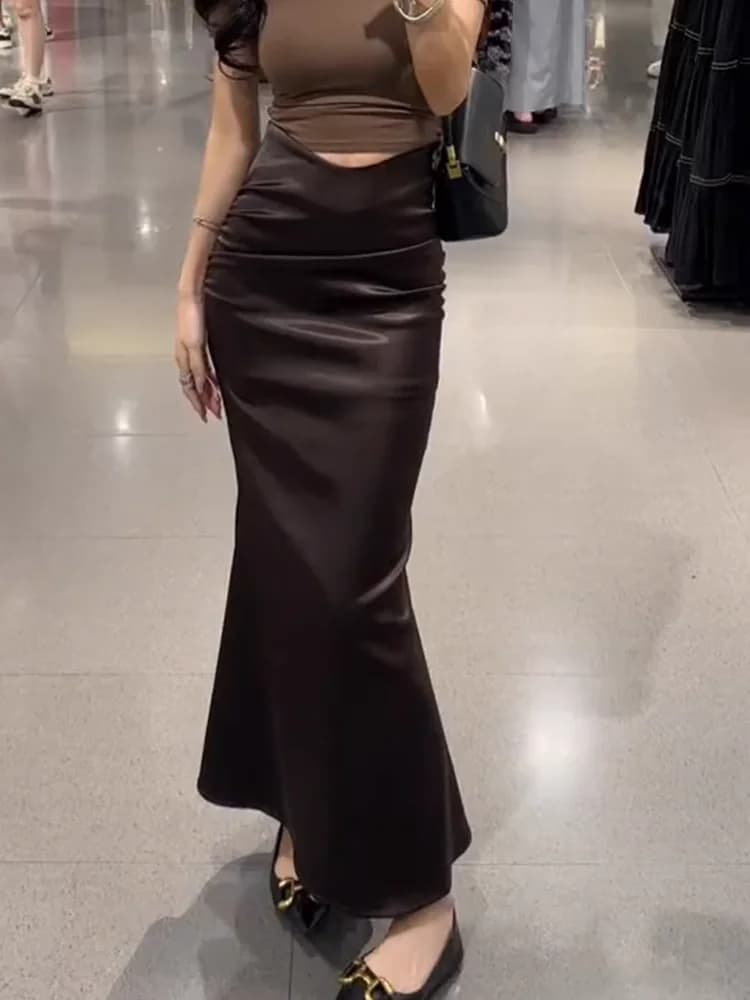 Spring Black Satin Fish Tail Half Skirt Women's Slimming Acetate Wrap around Long Skirt Korean Style Commute Pure Color