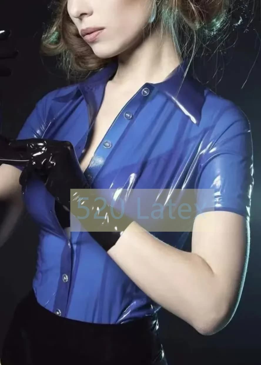 Fetish Latex Lady‘s Blouse Gummi Latex Sexy Short Sleeve T-Shirt With Front Button Cosplay Party Latex Lady's Casual Top