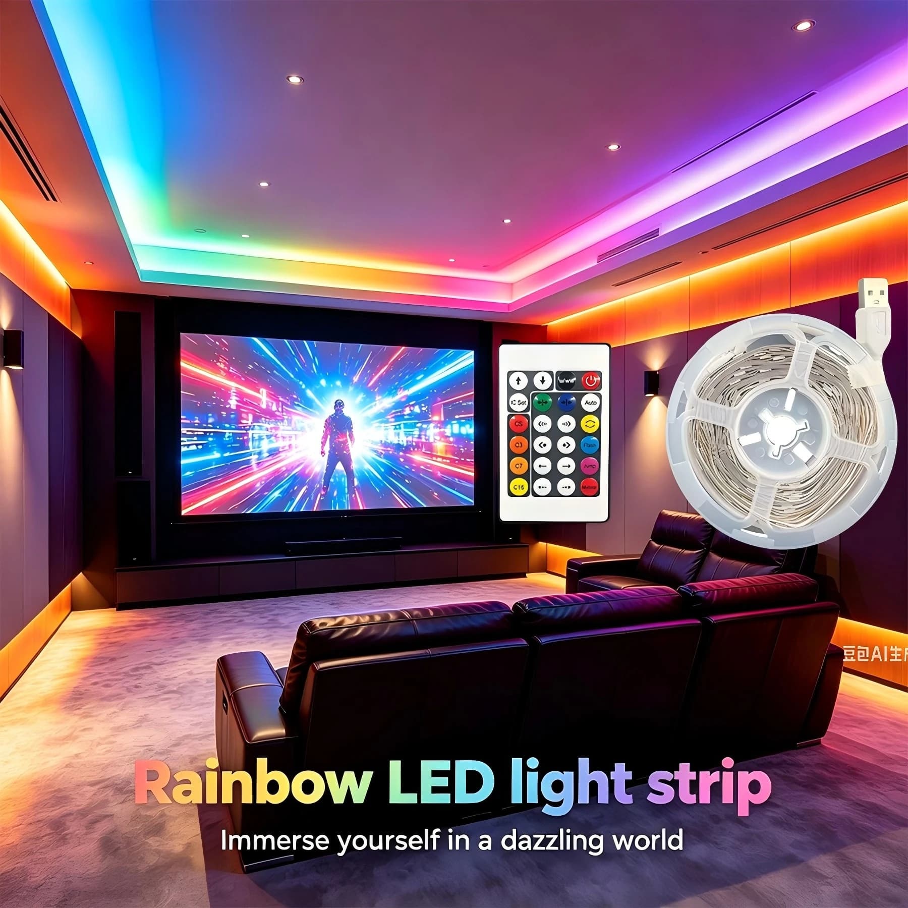 USB powered 5050RGB rainbow light strip, 24-button remote control. Easy to install, ideal for home décor and parties.