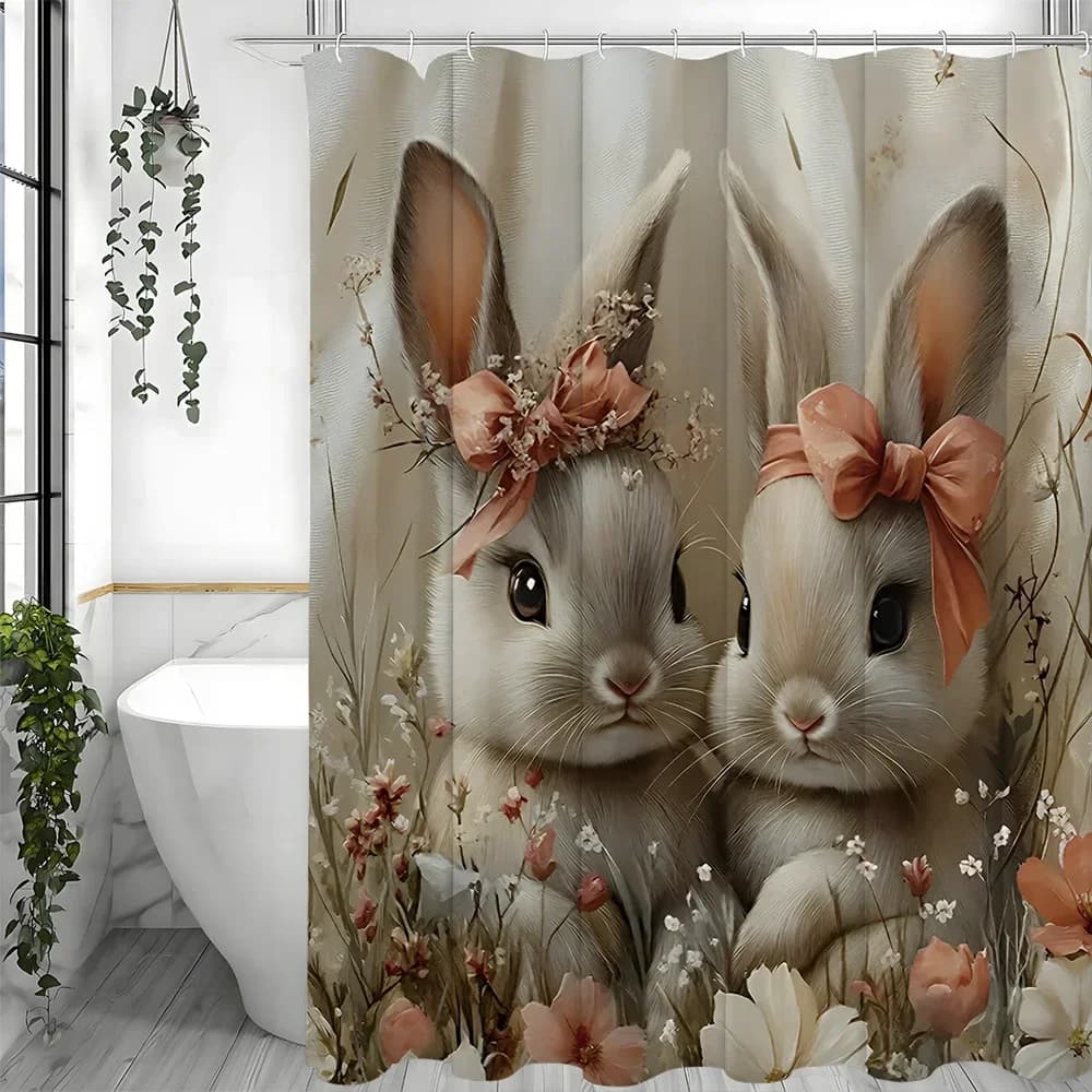 Tenda da doccia pasquale Coniglietto Uova di Pasqua Fiocco floreale Vacanze primaverili Coniglietto Decorazioni per il bagno Tenda da doccia in poliestere Showe impermeabile