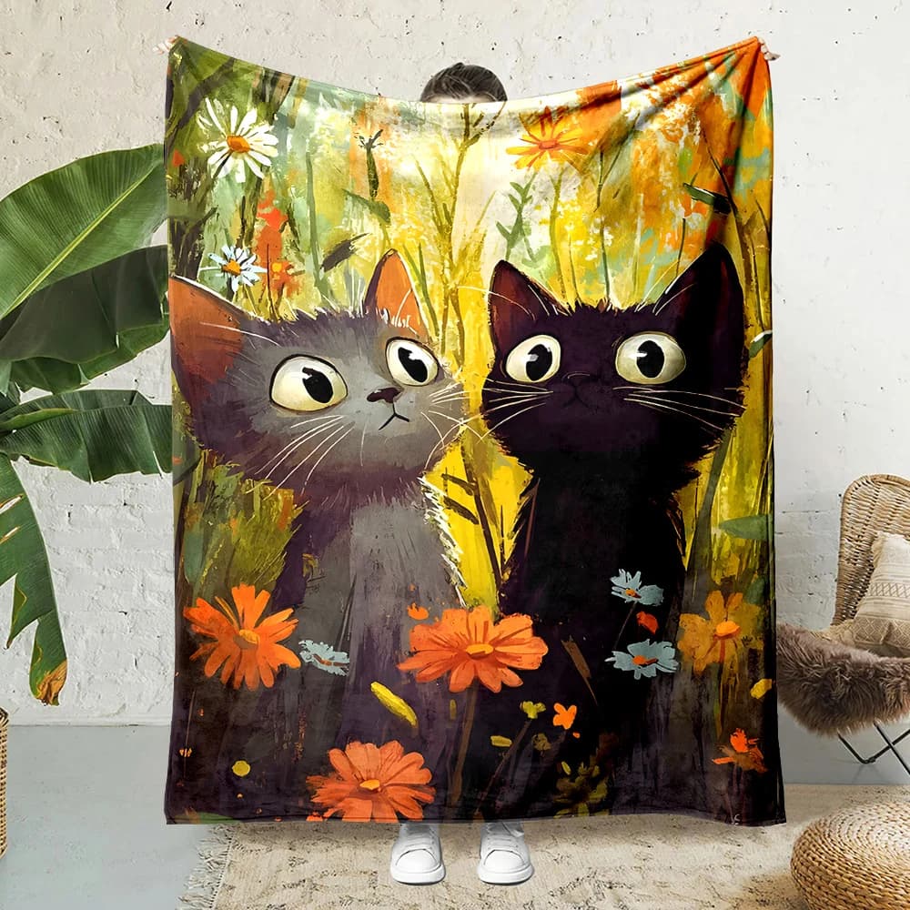 1PC Coperta con stampa di due gattini tra i fiori autunnali, calda, morbida e soffice, per bambini e adulti, per divano, letto, viaggi all'aperto, campeggio, camper
