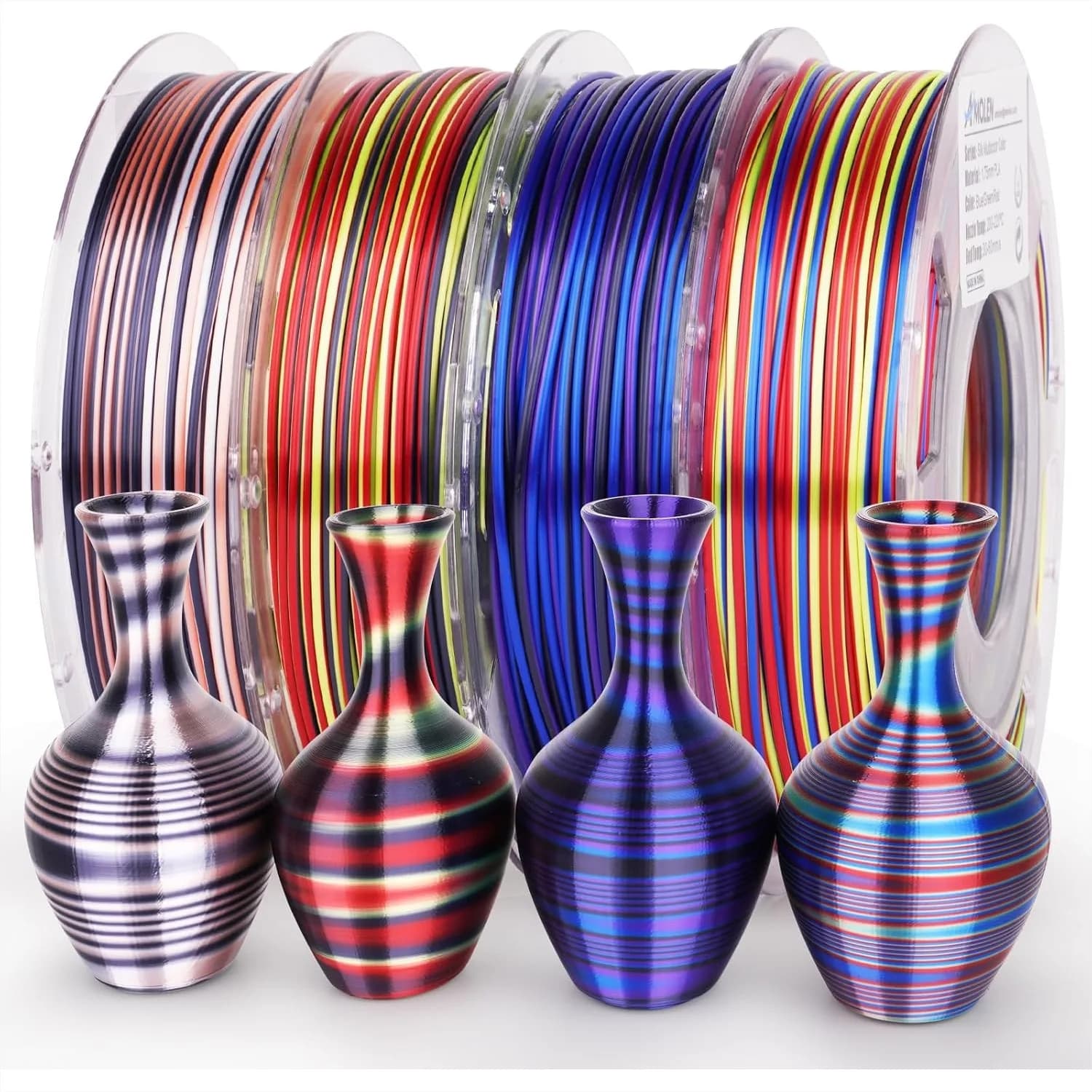 Confezione di filamenti per stampanti 3D in PLA effetto seta, PLA multicolore lucido effetto arcobaleno da 1,75 mm, PLA a cambio colore rapido per stampanti 3D FDM, 200g x