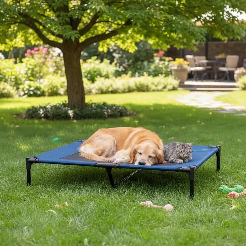 Cuccia rialzata per cani e gatti, lettino portatile per cuccioli e animali domestici, cesto da campeggio – Blu (Grande)