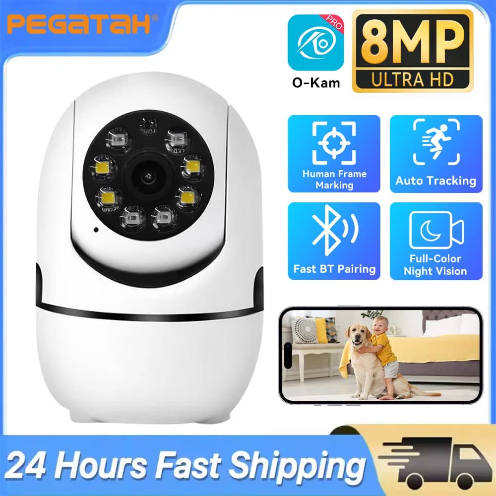 Telecamera WiFi 2.4G 8MP con Visione Notturna a Colori, Monitoraggio di Sicurezza Interno IP, Zoom 5X, Allarme Wireless per Casa O-Kam pro