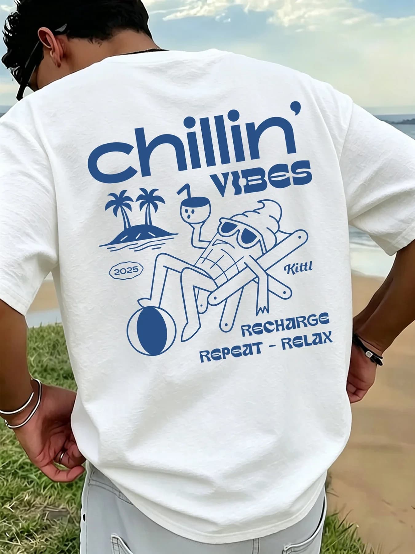 Men Chillin Vibes T Shirt 100% Cotton Beach Palm Tree Graphic Print Summer Vacation Streetwear Oversized Casual Short Sleeve Tee